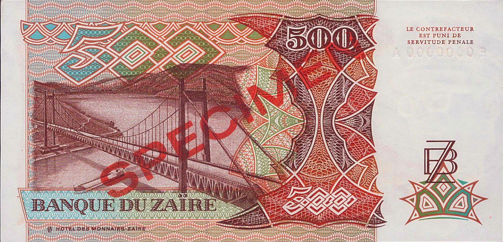 Zaire 500 1989 UNC P-34/S [Specimen]